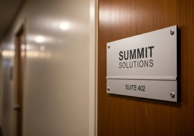 Company nameplate on office door