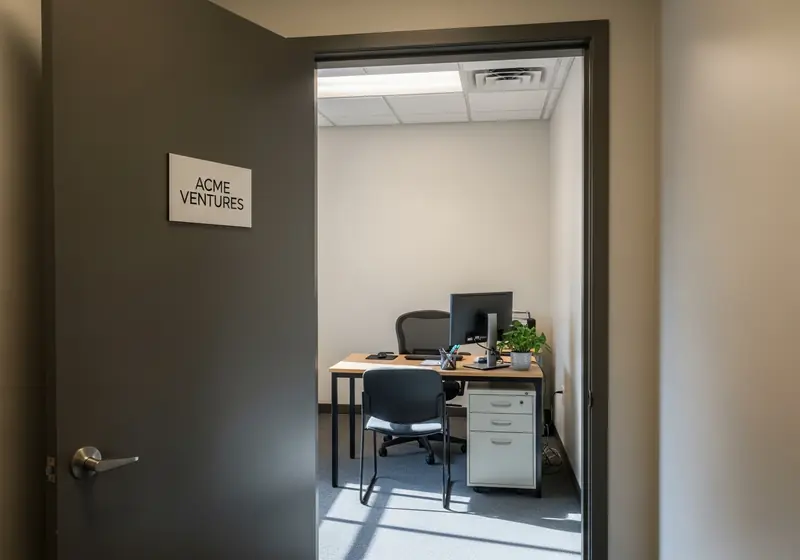 Small office space with company signage on door