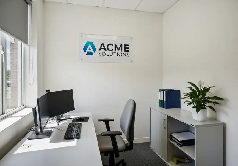 Simple professional desk in a satellite office with company branding on wall